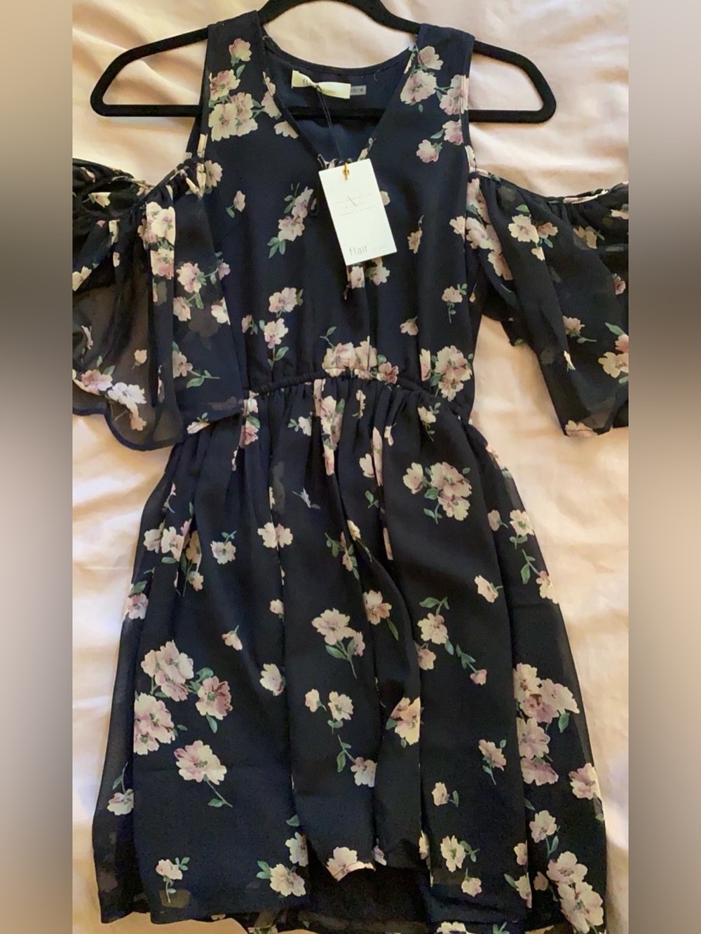 Floral Cold-Shoulder Mini Dress in Black with Pink Blossoms